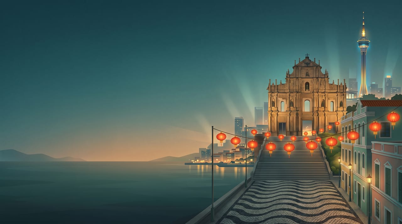 Illustration of the Ruins of St. Paul’s at dusk with red lanterns, wave-pattern mosaic paving and the Macau Tower
